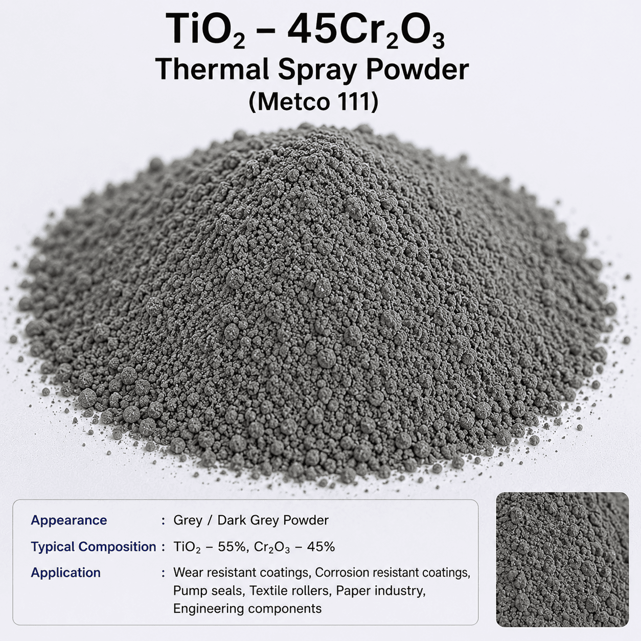 TiO₂ – 45Cr₂O₃ Thermal Spray Powder (Metco 111) TiO₂ – 45Cr₂O₃ Thermal Spray Powder (Metco 111)
